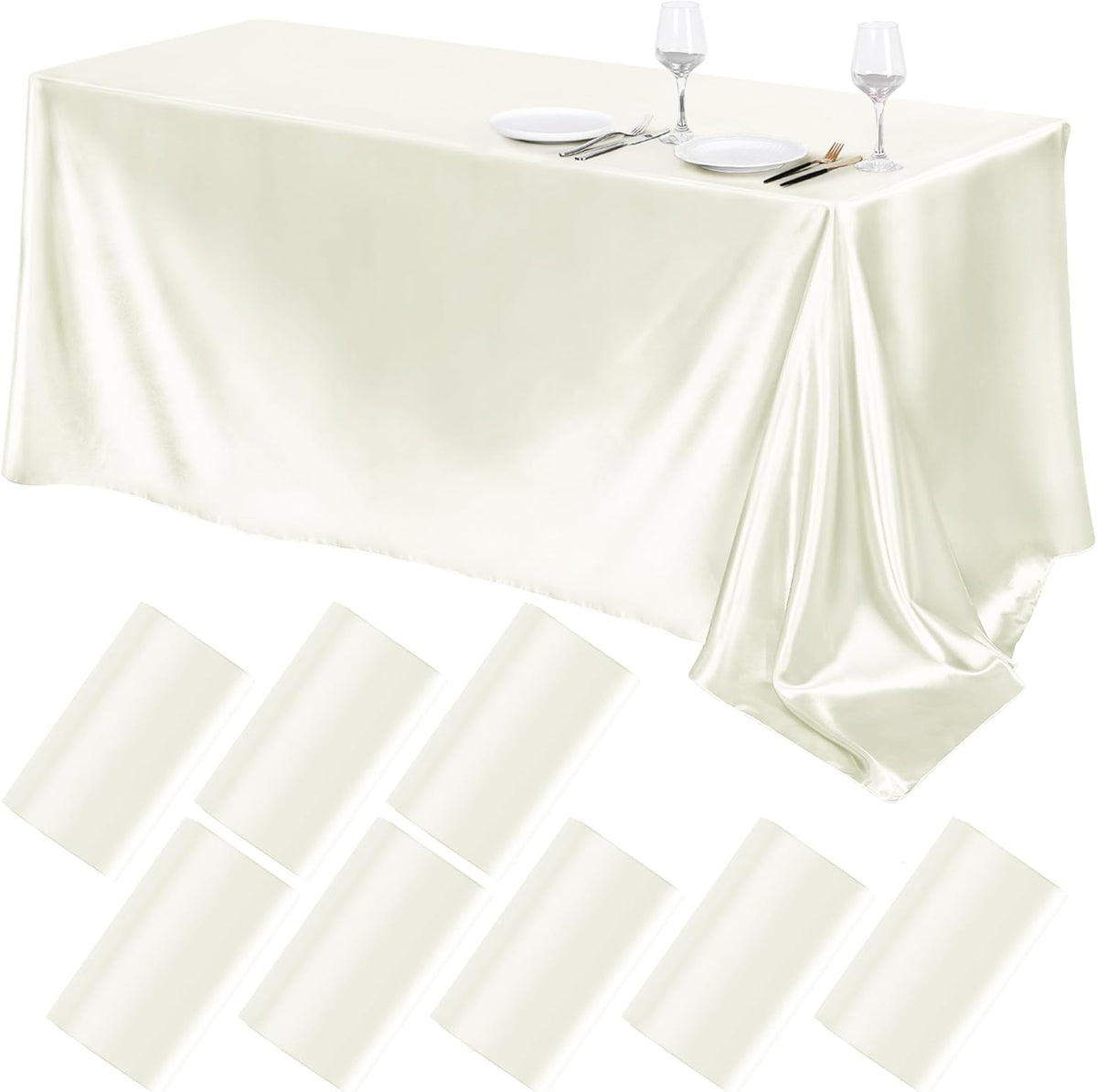 TURSTIN 8 Packs Ivory Satin Tablecloth 102 x 58 Inch Overlay Satin Table Cover Rectangle Bright