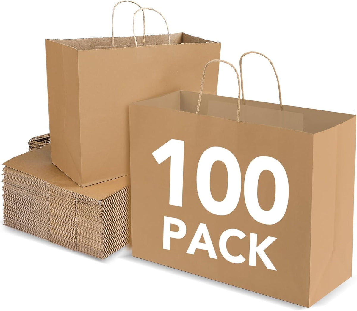 BURVAGY 16x6x12 Inch 100 Pcs Large Kraft Paper Bags with Handles Bulk, Brown Gift Kraft Shopping