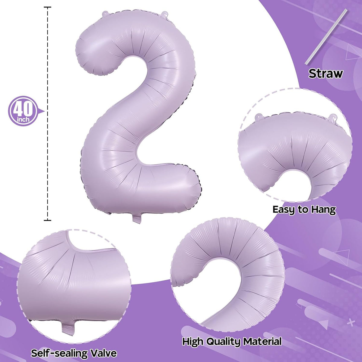 Light Purple 2 Balloons, 40 Inch Giant Lilac Helium Mylar Foil Number 0-9, Pastel Dusty Purple 2nd