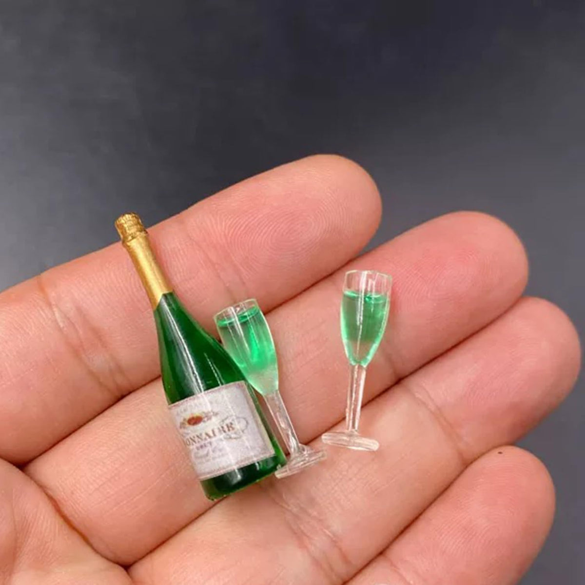 Miniature Champagne Bottle with 2 Glasses, 1:12 Dollhouse Decor, Green Resin, 1 Champagne Bottle