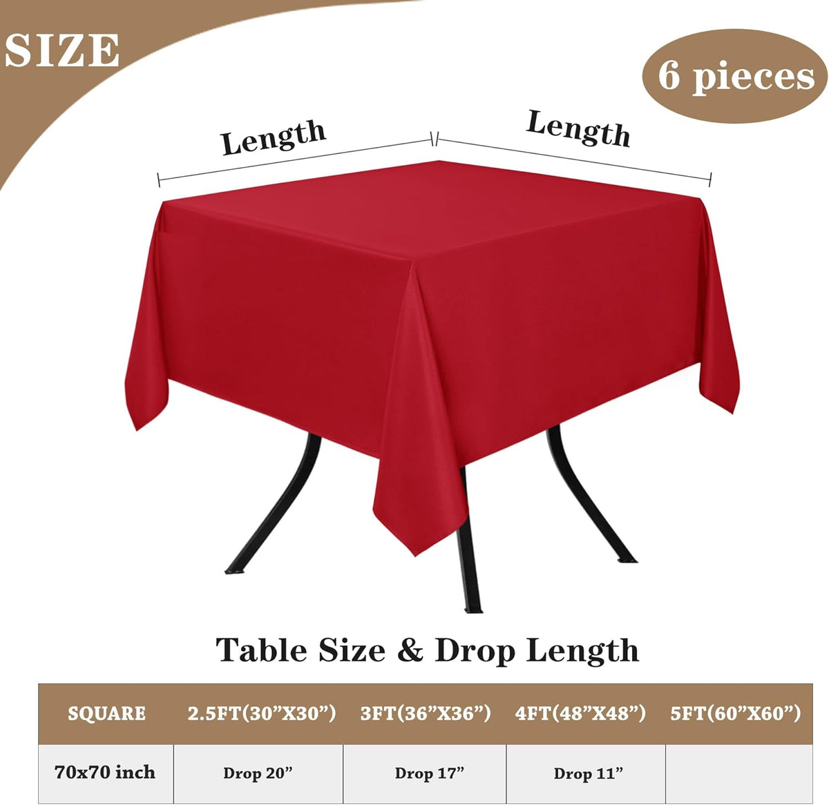 Fitable 6 Pack Red Square Tablecloths - 70 x 70 Inches - Stain Resistant and Reusable Table