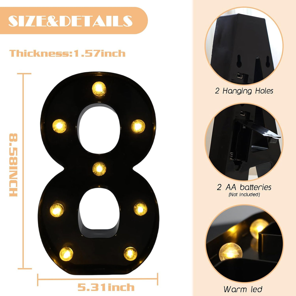 LED Marquee Numbers, 8.58 Inch Led Light Up Numbers for Party, Small Light Up Letters, Battery