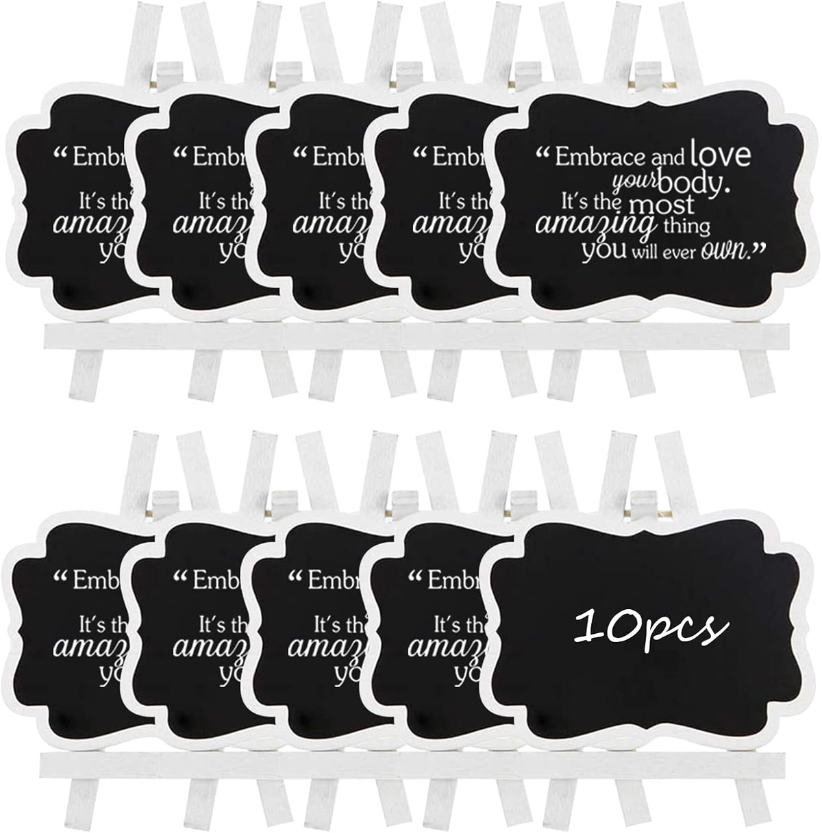 ULENDIS 10 Pack Mini Chalkboard Signs With Easel Stand, 3.9x2.9 Inch Small Wooden Labels, Reusable