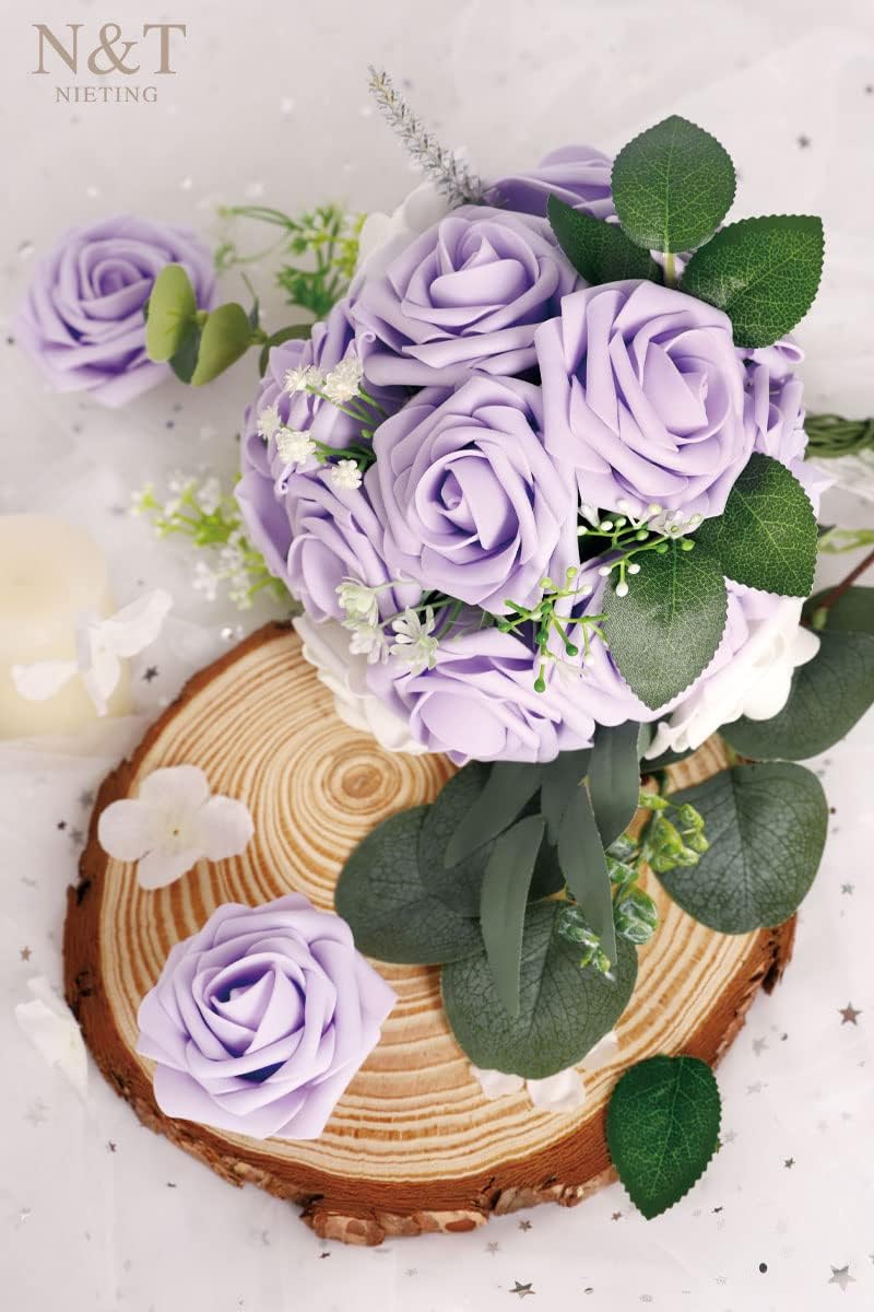 N&T NIETING Artificial Flowers, 50pcs Lavender Fake Rose Flowers with Stem for DIY Wedding Bouquets
