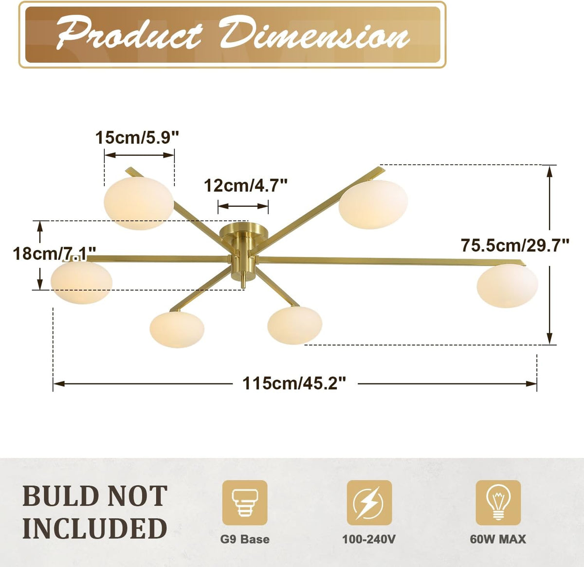 6-Lights Gold Sputnik Chandelier Modern Ceiling Light Fixtures Retro Glass Ceiling Lamp Industrial