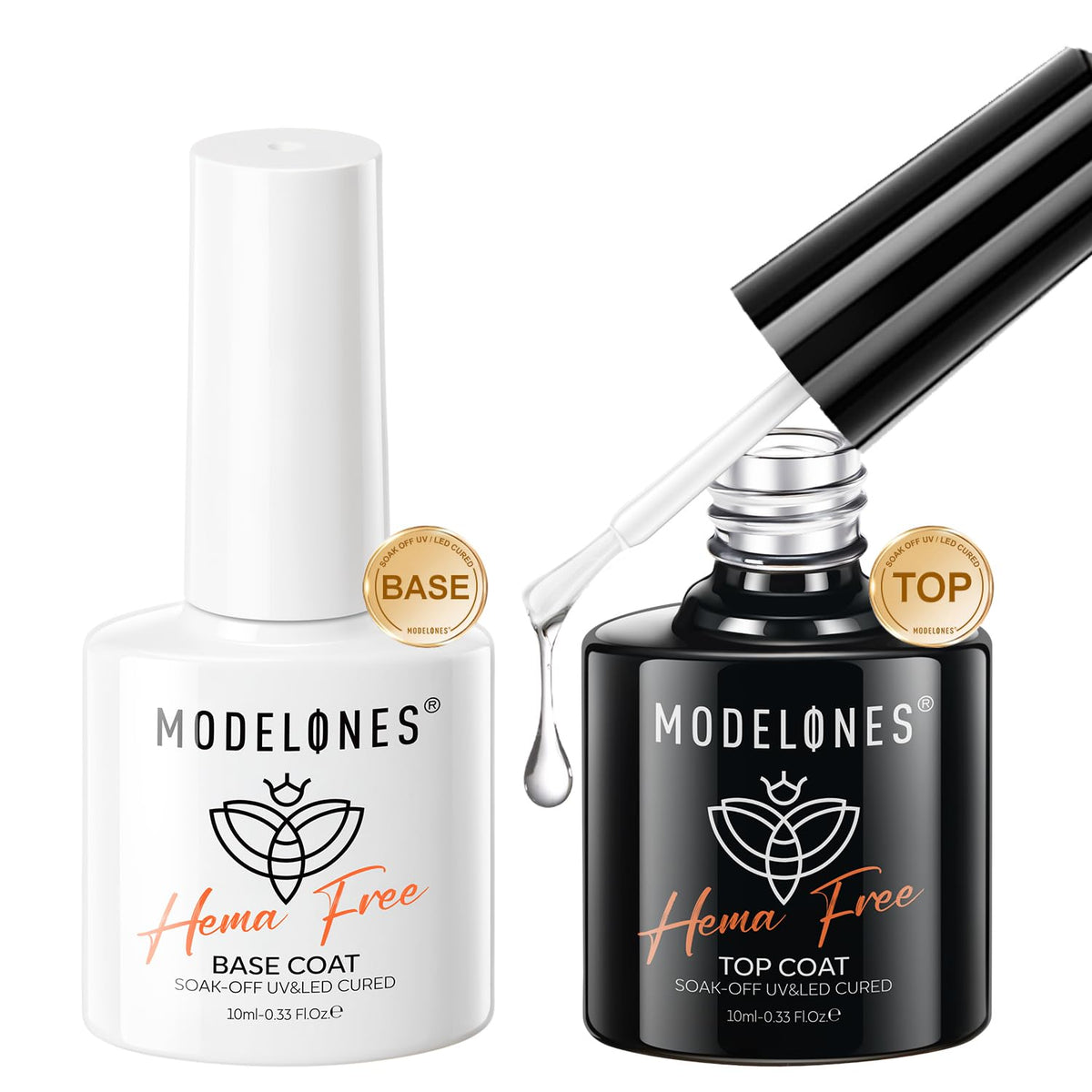 modelones No Wipe Gel Top Coat and Base Coat Set, 2 Pcs Clear Glossy Hema Free Base Top Coat Gel