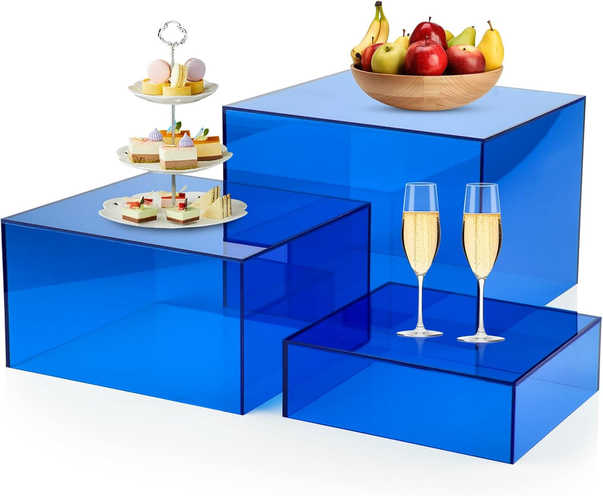 3Pcs Blue Buffet Risers Acrylic Boxes Display Food Risers for Buffet Table Platter Parties Weddings