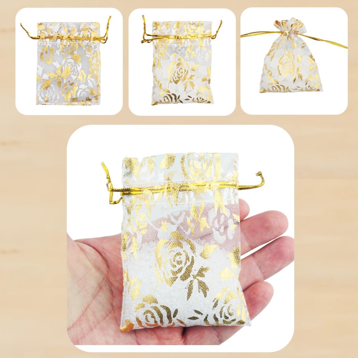QIANHAILIZZ 100 Pack 2.8 x 3.5 Inch Flower Heart Organza Jewelry Gift Pouch Candy Pouch Drawstring