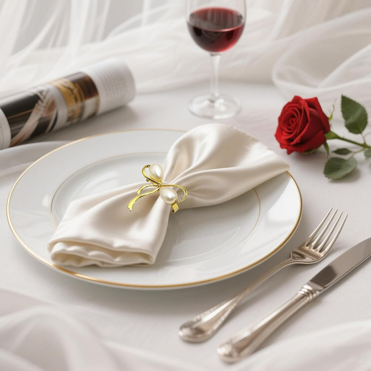 Gold Napkin Rings Set of 8 Pearl Bow Napkin Rings for Napkins,Rustic Napkin Ring Holders, Butterfly