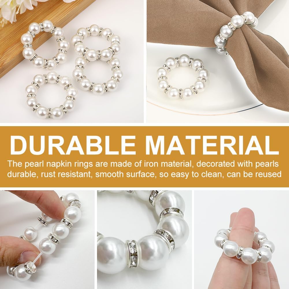 12Pcs Pearl Napkin Rings, Round Napkin Buckles Wedding Beaded White Napkin Rings Silver Napkin Ring