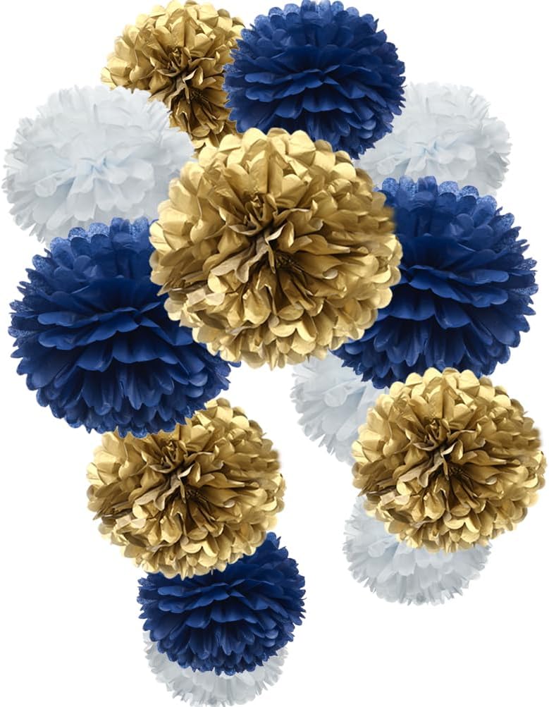 Gold Royal Blue and White Paper Flower Tissue Pom Poms for Birthday Baby Shower Graduation Bachelor