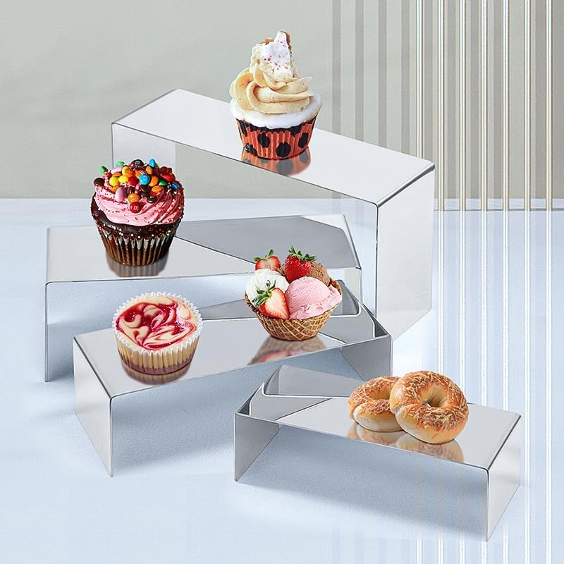 4 Pcs Silver Stainless Steel Display Risers, Display Stand for Display Cupcake Dessert Perfume