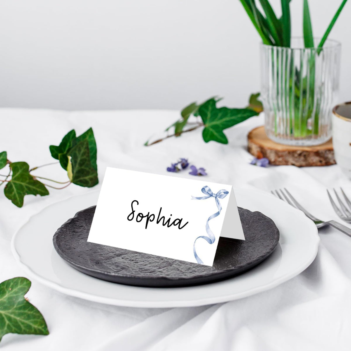 25 Pack Blue Bow Place Cards, Editable Name Cards for Table Setting, Tent Cards Food Label for