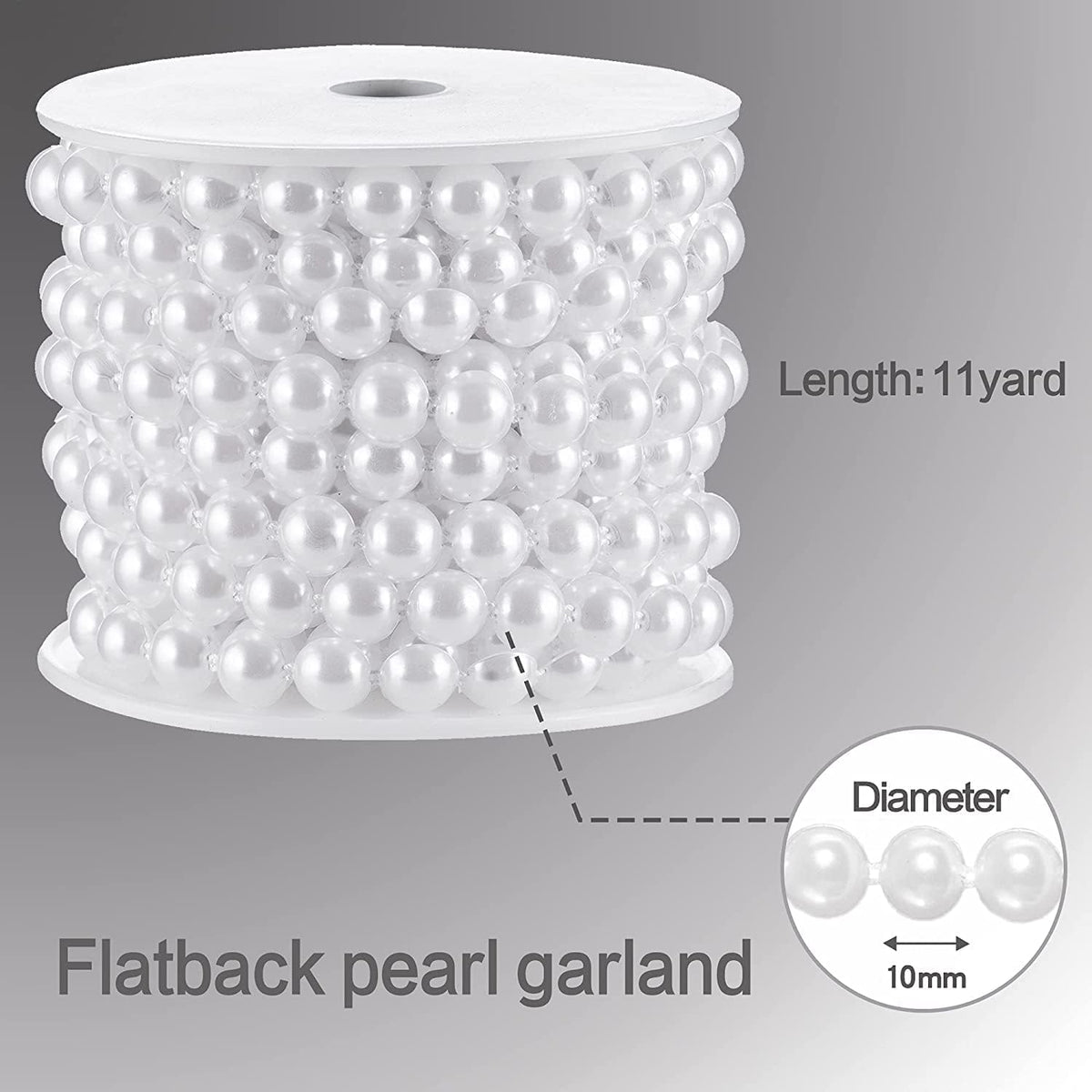 Flat Pearl Garland String 11 Yards, 10MM Half-Round Beaded Spool Roll Crafts for Wedding Decoration