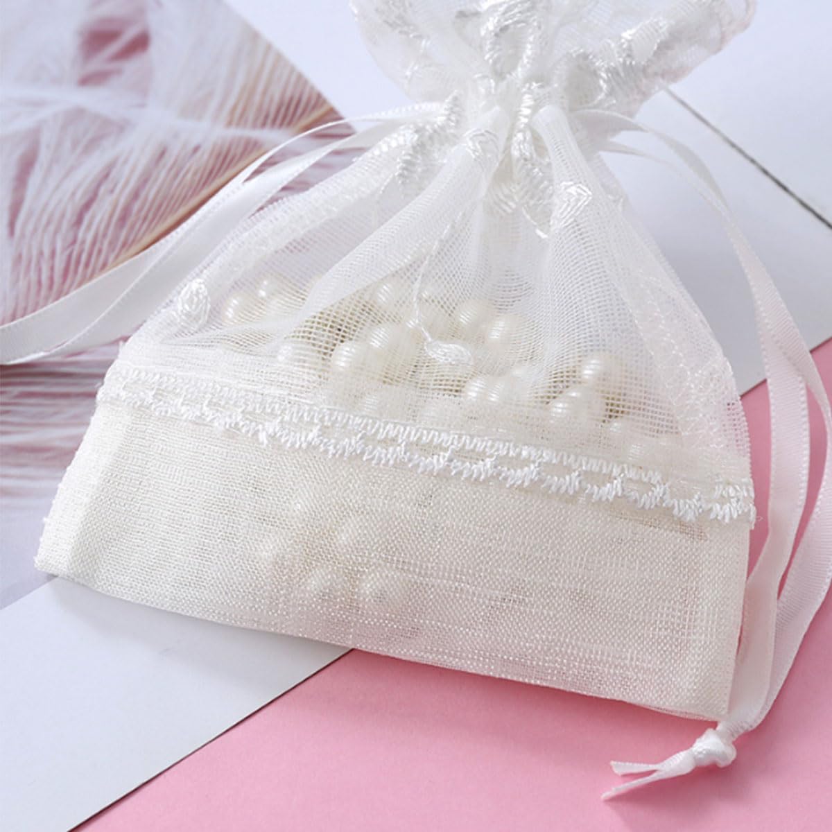 Ewanda store 20Pcs Lace Organza Drawstring Bags Five Petal Flower White Lace Bag for Wedding
