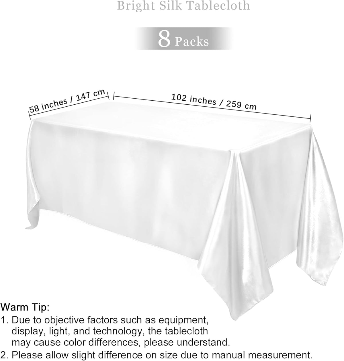 TURSTIN 8 Packs White Satin Tablecloth 102 x 58 Inch Overlay Satin Table Cover Rectangle Bright