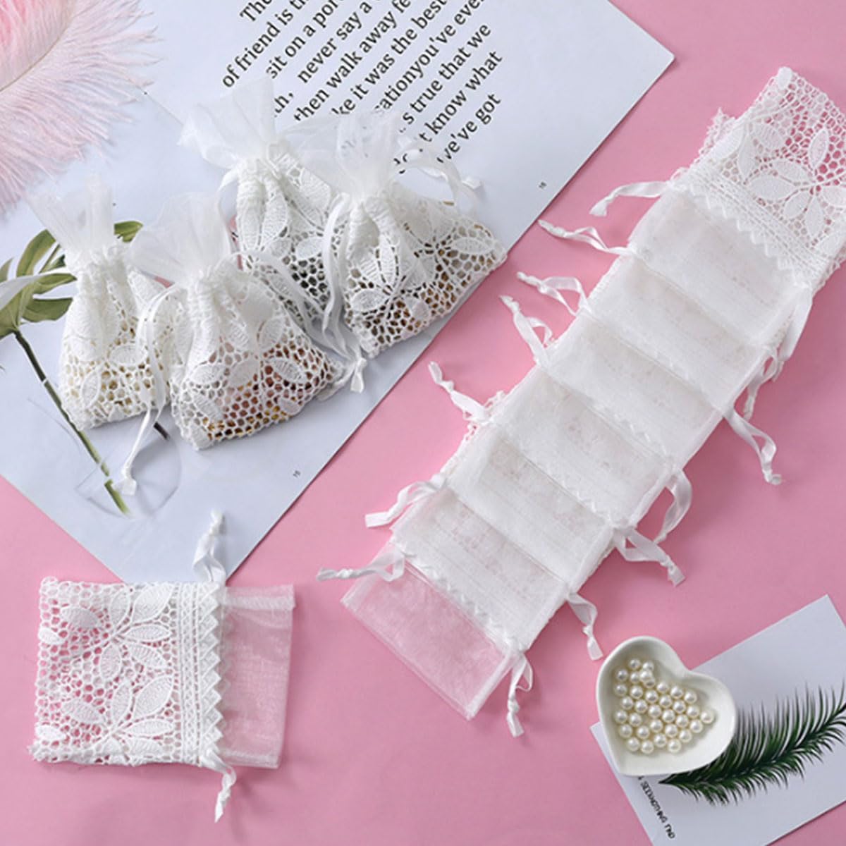 Ewanda store 8Pcs Lace Organza Drawstring Bags White Leaf Cotton Drawstring Bag for Wedding