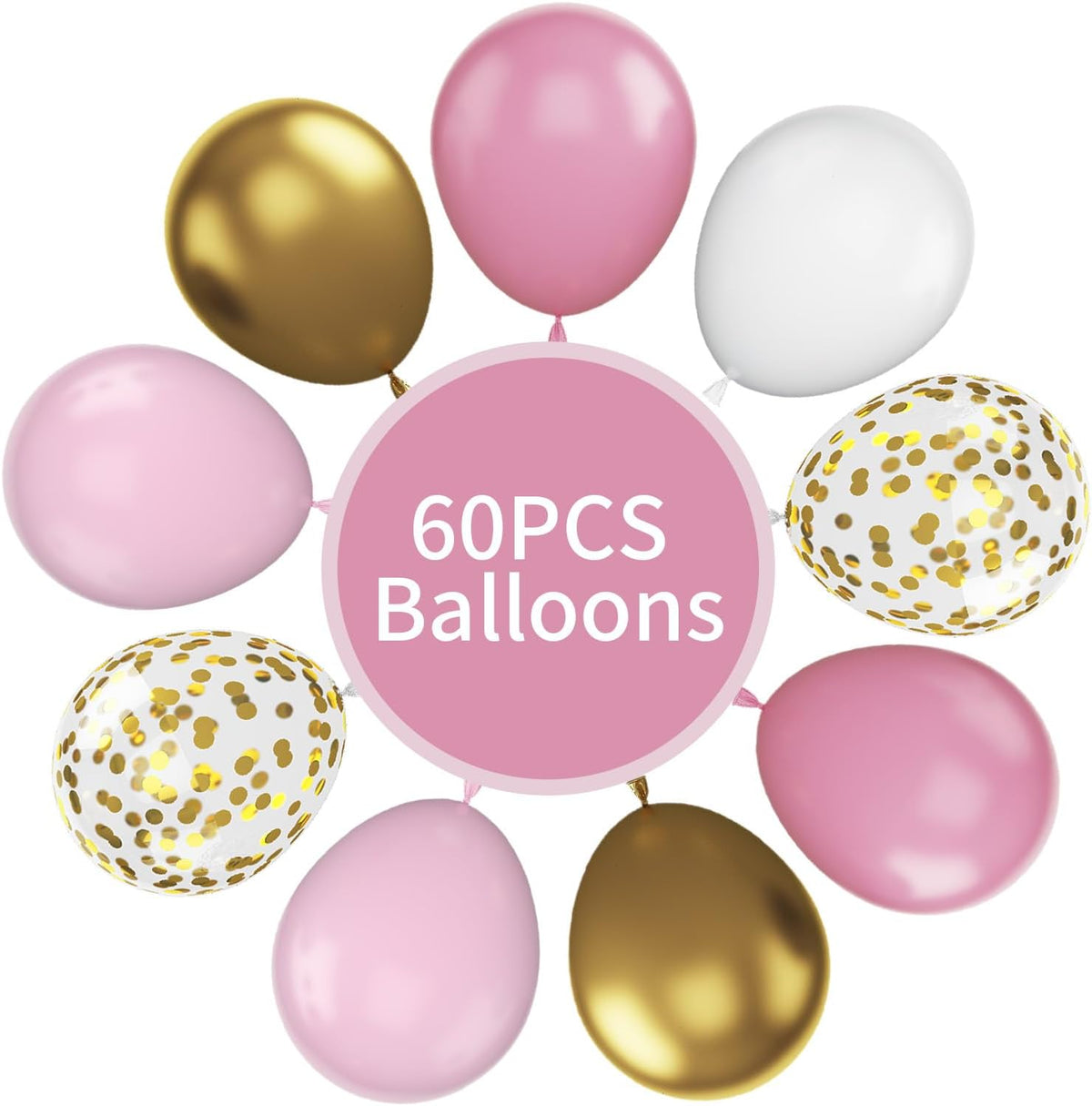 FunHot Pink and Gold Balloons, 60Pcs Retro Pink White Balloons, 12 Inch Metallic Gold Confetti