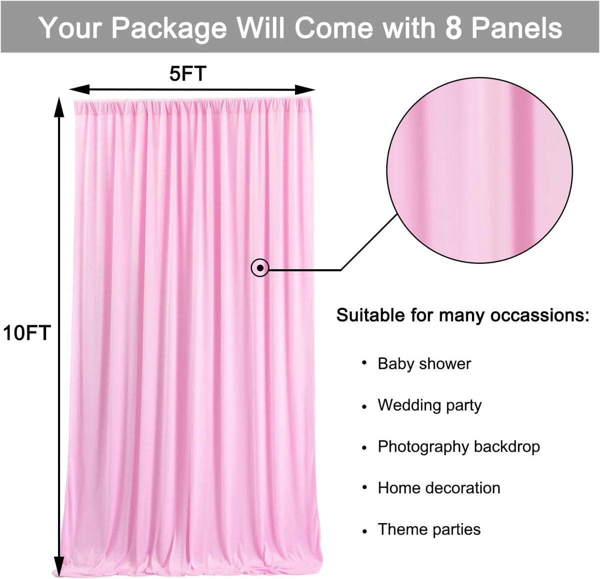 40 ft x 10 ft Wrinkle Free Baby Pink Backdrop Curtain for Parties, 8 Panels 5ftx10ft Polyester