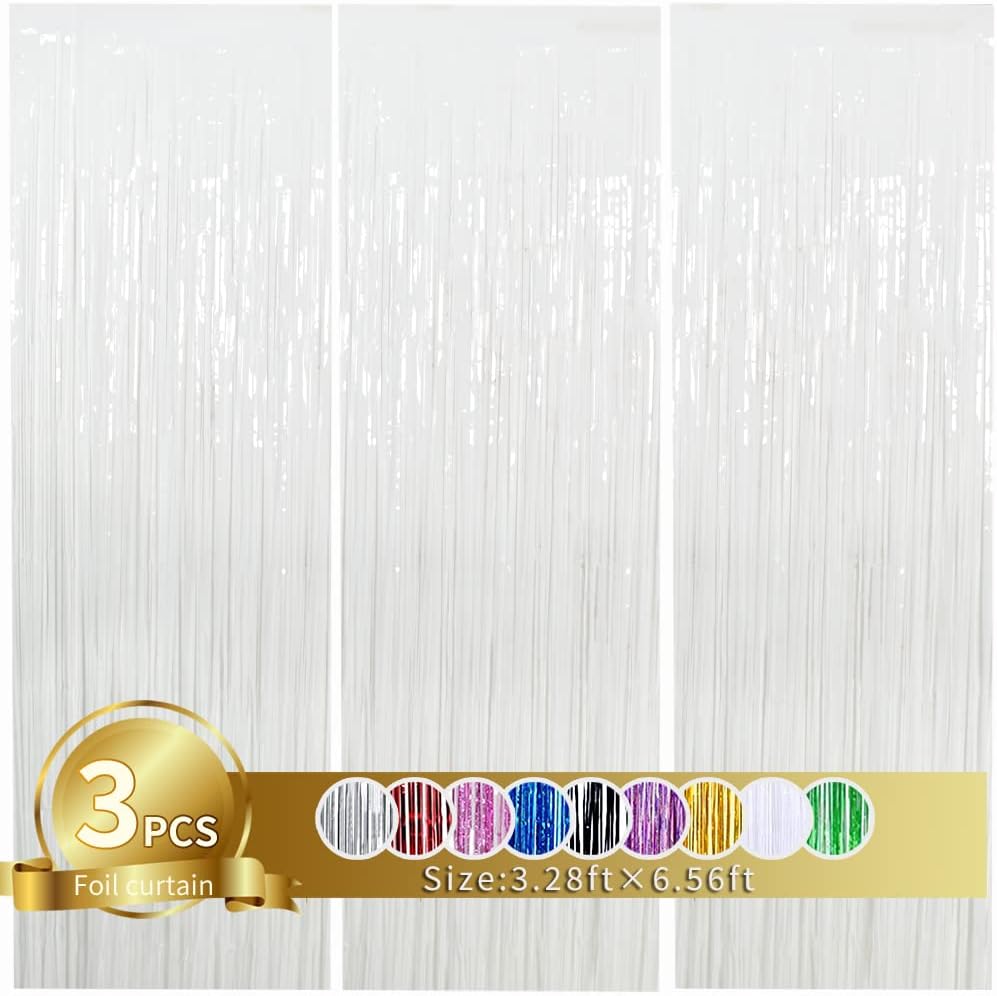 3Pcs White Metallic Tinsel Foil Fringe Curtains, 3.28ft x 6.56ft White Photo Booth Backdrop