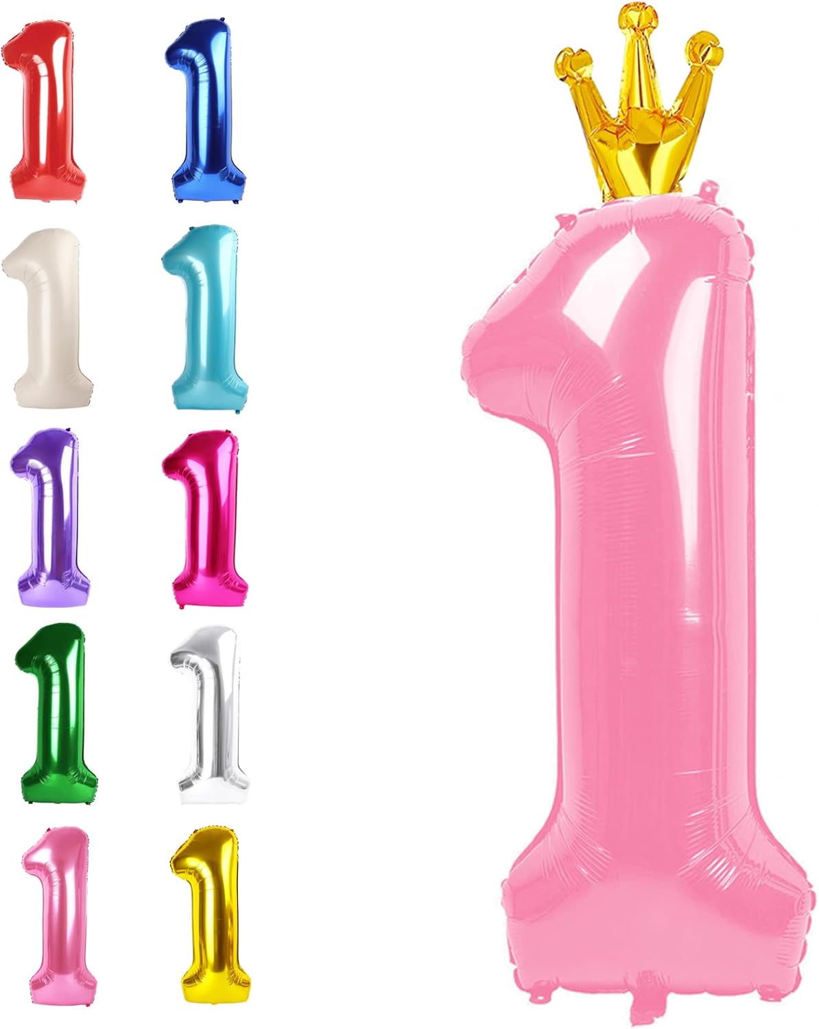 Pink Crown Number 1 Balloon 40 inch, Number 1 Birthday Balloons for Boy Girl, Pink Crown Foil One