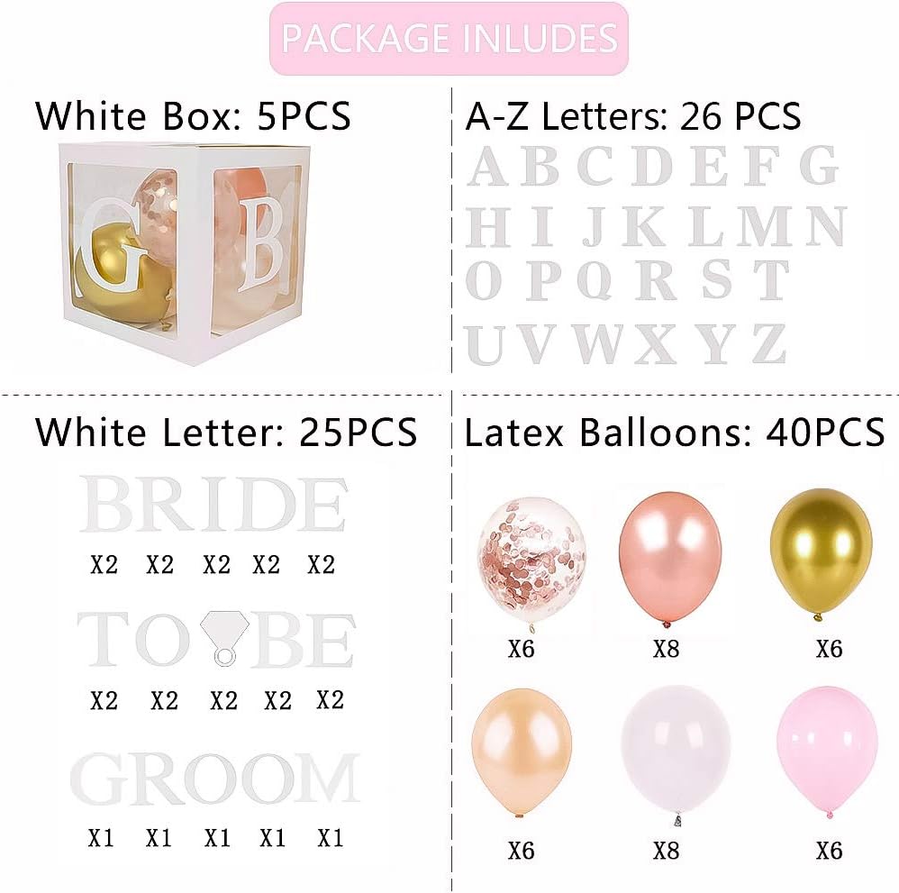 96 PC Bridal Shower Decorations Balloon Boxes White- Transparent Block with BRIDE TO BE + GROOM + A