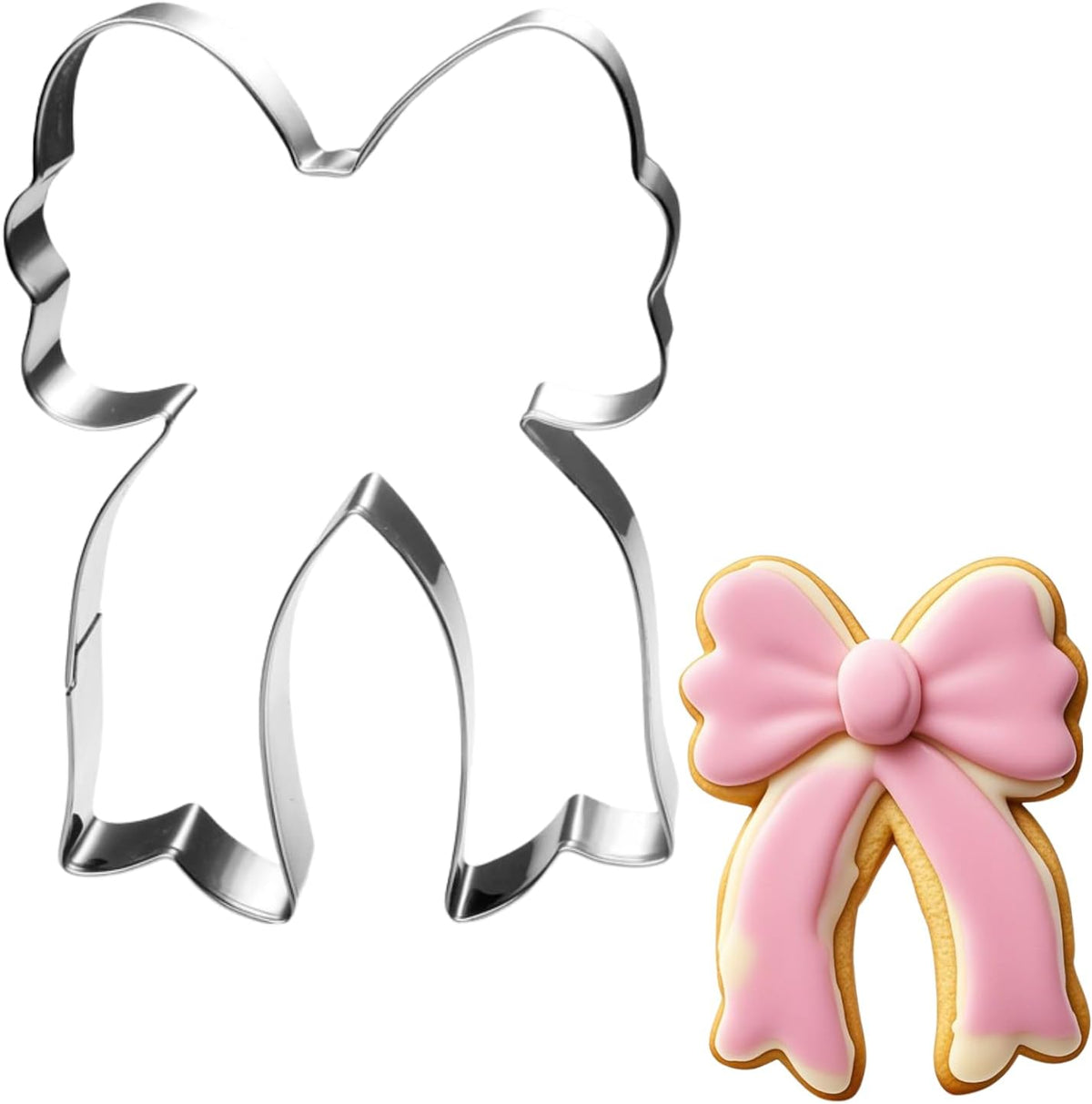 Bow Cookie Cutter with Long Ribbon- 4 Inch - Dishwasher Safe - Metal Cookie Cutter for Baking