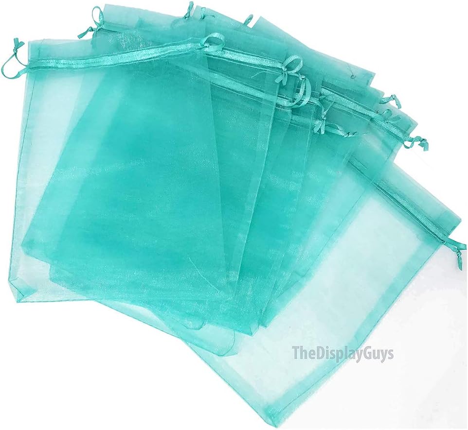 TheDisplayGuys 100-Pack XS XS 2x2 3/4" Teal Sheer Organza Gift Bags with Drawstring, Jewelry Candy