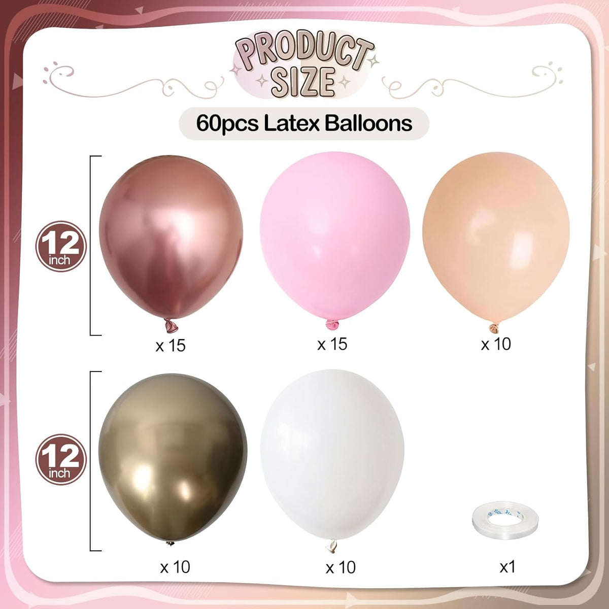 Rose Gold Balloons, 60 Pcs 12 Inch Nude Pastel Pink Balloons, Beige Metallic Gold Matte White