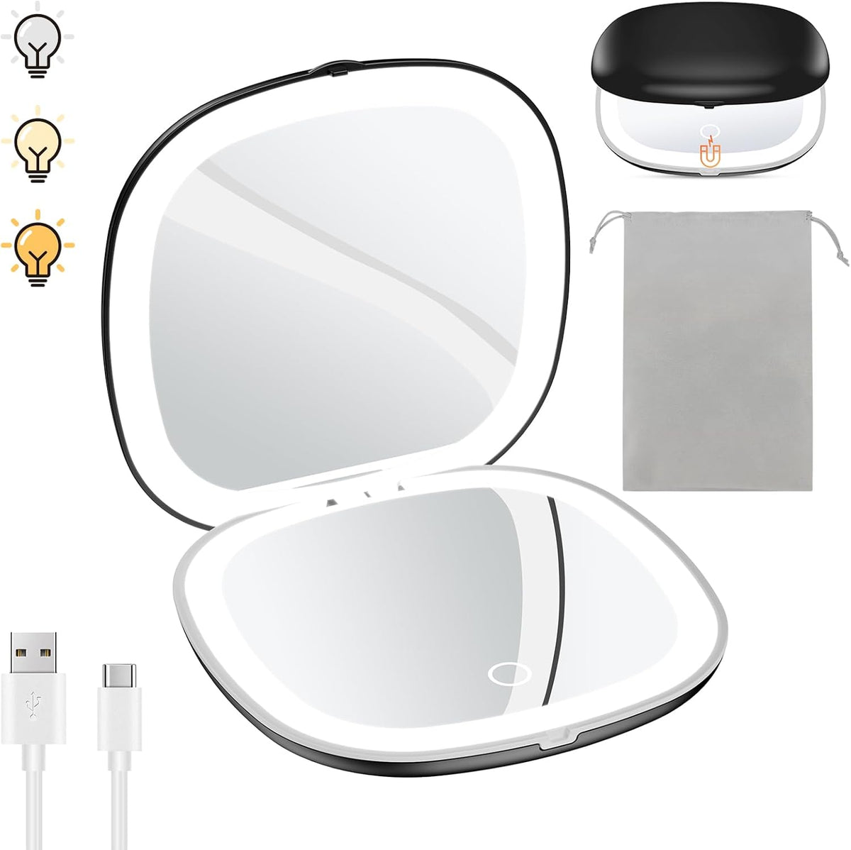 Benbilry 3.9" Rechargeable Compact Makeup Mirror with 3 Light Colors and Magnification 1X / 10X