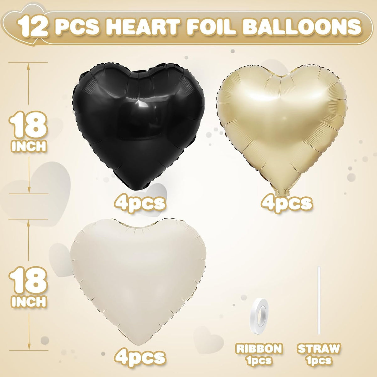 Black White Gold Heart Balloons,12Pcs 18Inch Black Cream White Champagne Gold Heart Shaped Foil