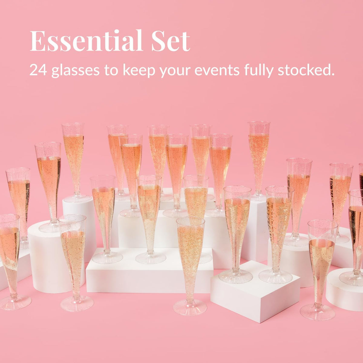 Prestee 24 Piece Plastic Champagne Flutes - 4.5 oz Plastic Wine Glasses with Rose Gold Glitter