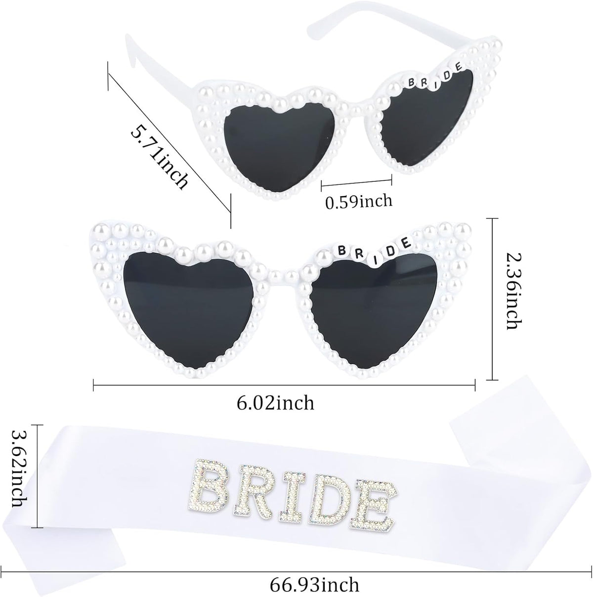 White Bride Sash & Heart Sunglasses Set Bachelorette Party Decorations Bridal Shower Engagement