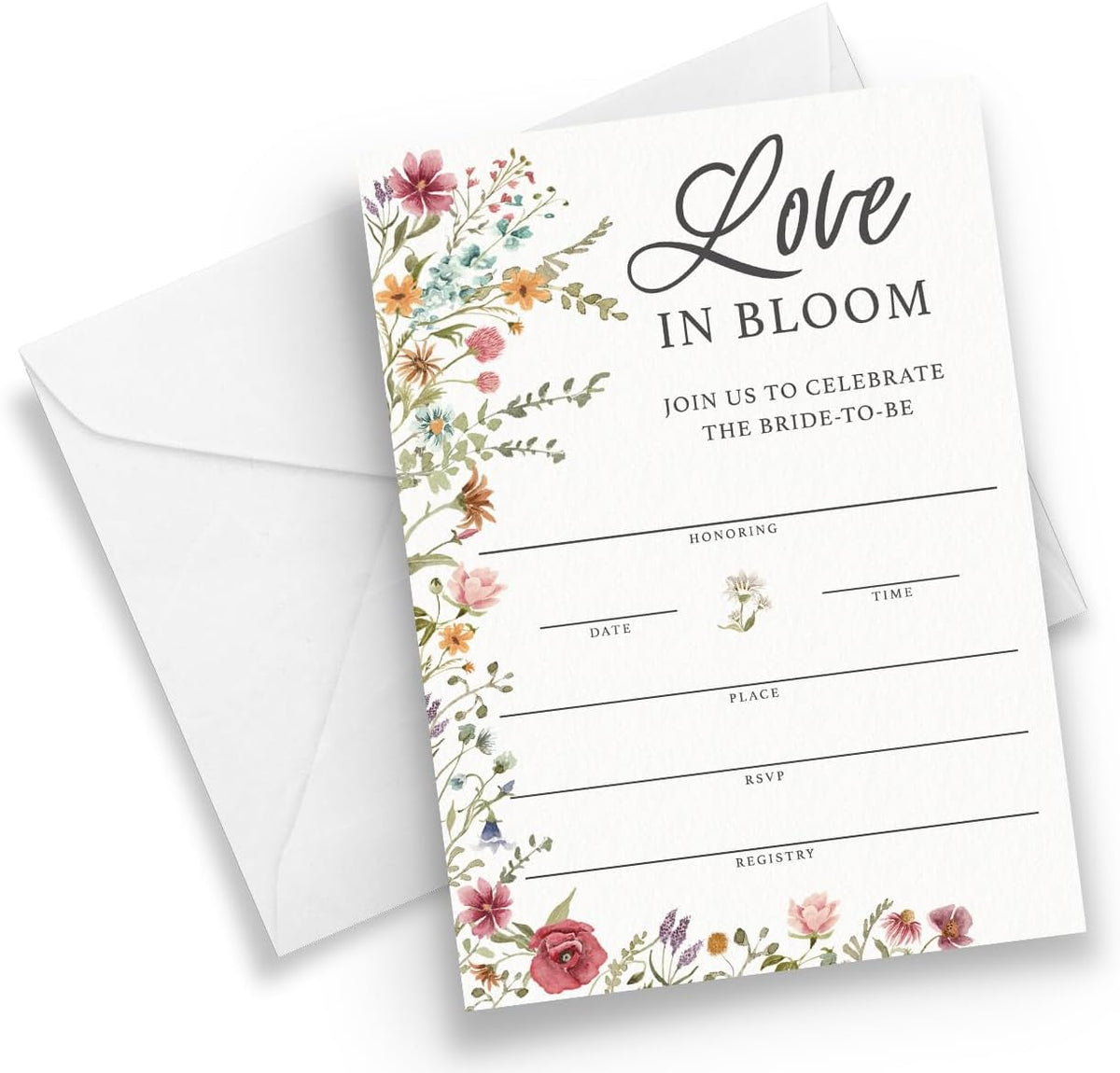 Printed Party Bridal Shower Invitations and Envelopes, Wildflower Theme, Love In Bloom Design, Set