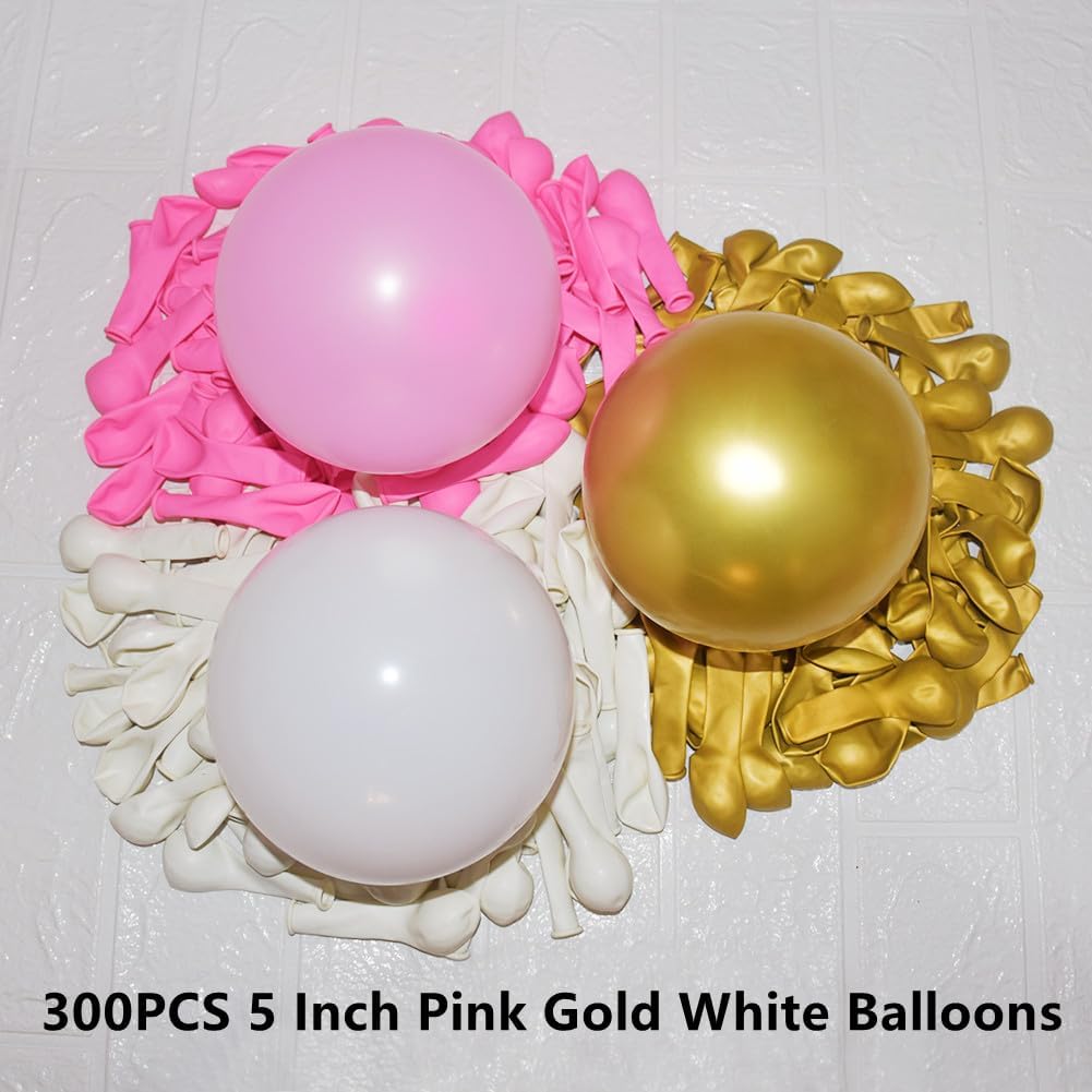 300 Pcs Pink Gold White Balloons 5 Inch Pink White and Metallic Gold Assorted Colors Latex Small