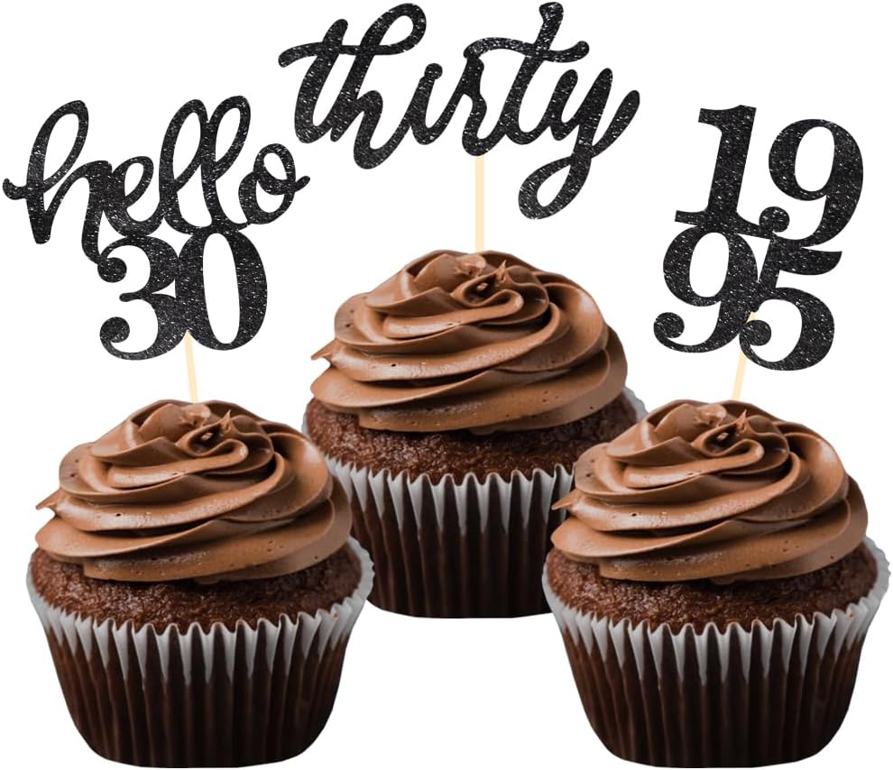 24 Pcs Black Glitter 30th Birthday Cupcake Toppers for 30th Anniversary Birthday Party Wedding