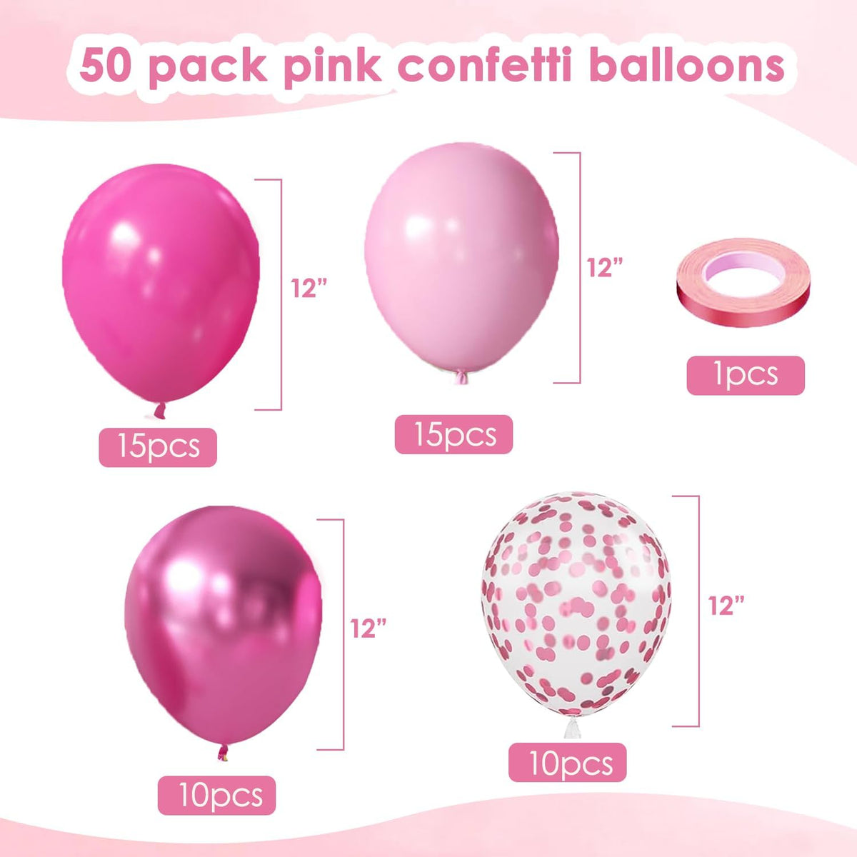 Light Pink Confetti Balloons, 50pcs 12 Inch Metallic Pink Balloons and Hot Pink Latex Balloons Baby
