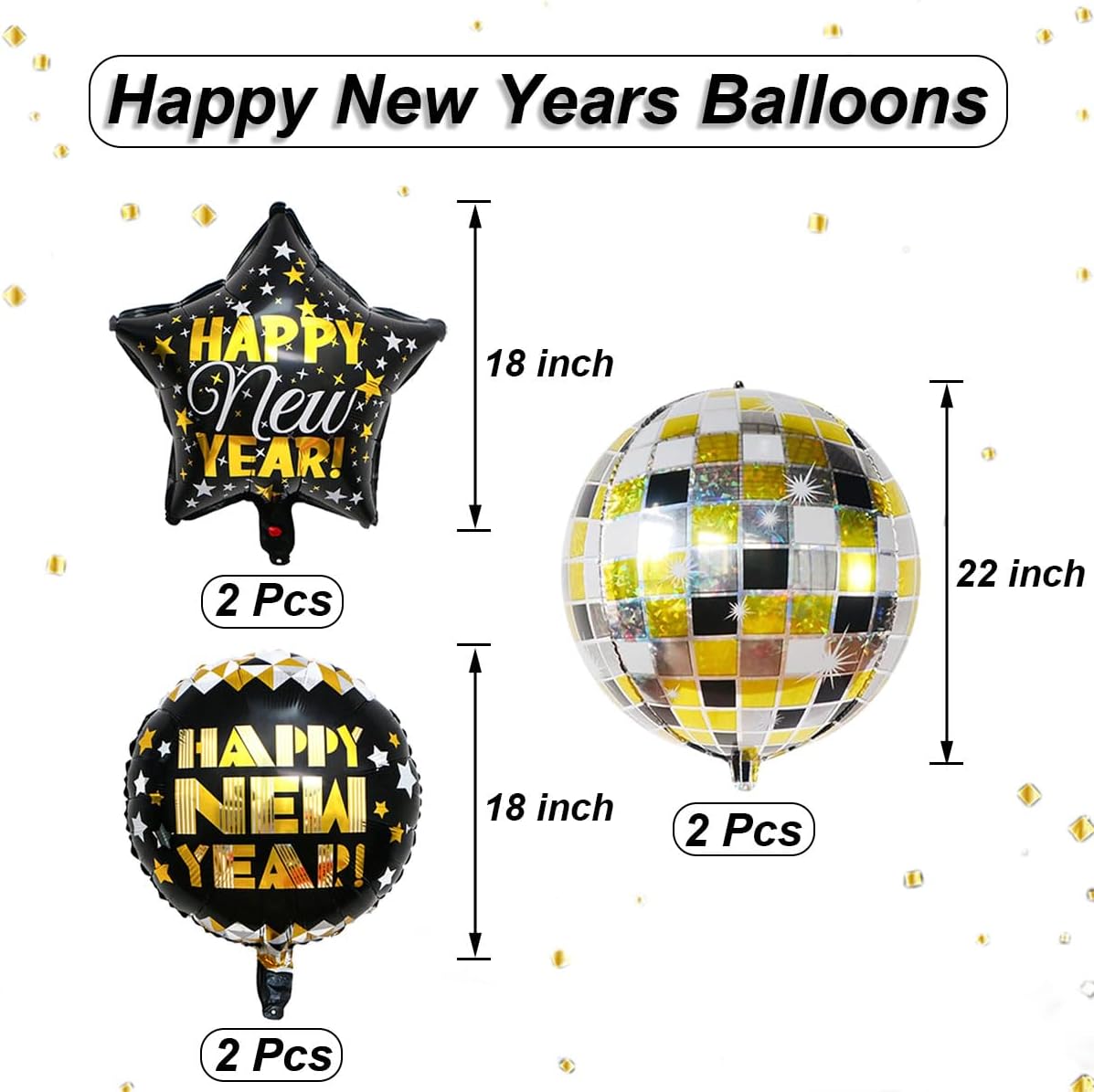 Happy New Year Balloons, 8pcs (2x22" Disco, 2x18" Round, 2x18" Star) - Black & Gold, Reusable