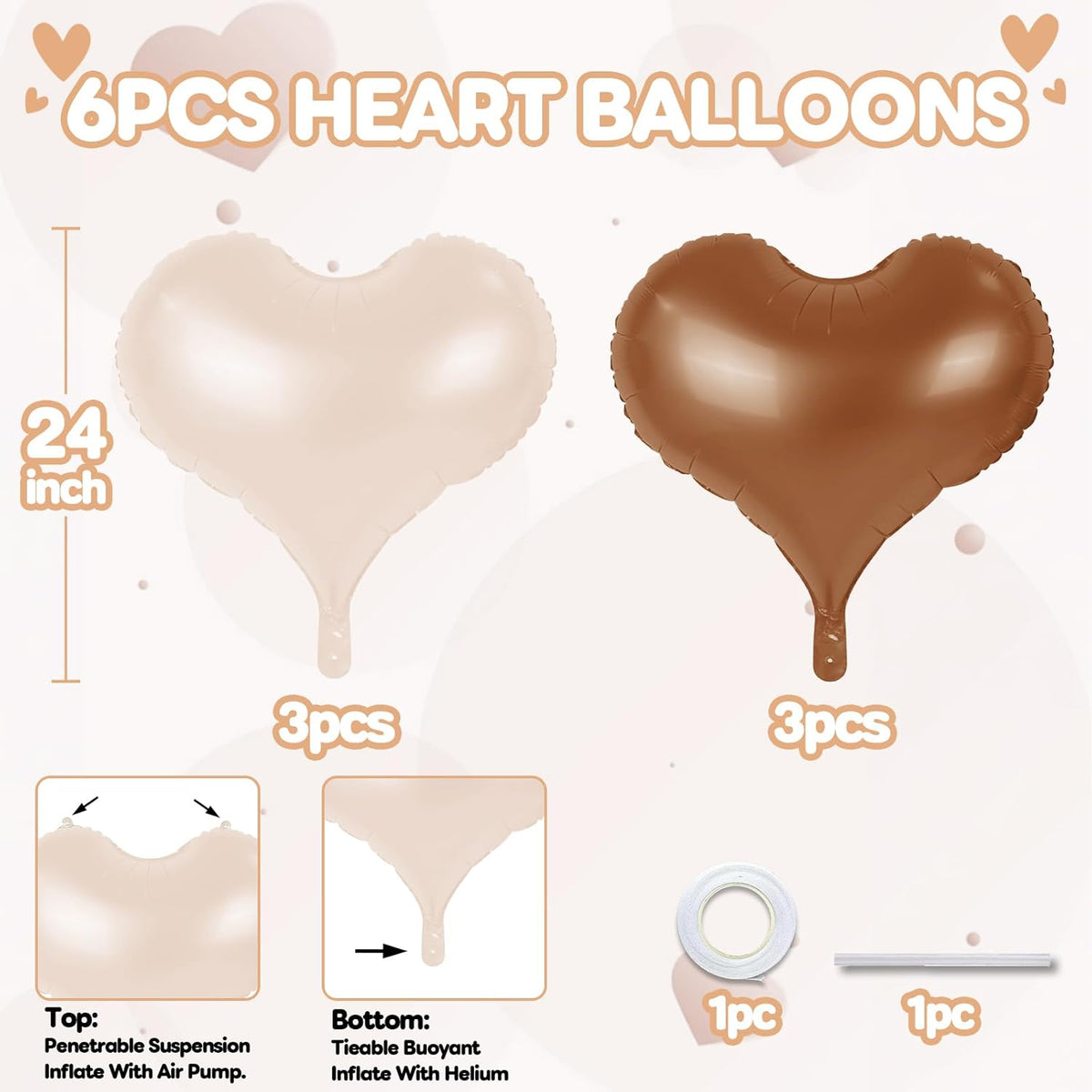 24 Inch Beige Brown Heart Balloons, Coffee Apricot Heart Shaped Foil Balloons, Boho Helium Balloon