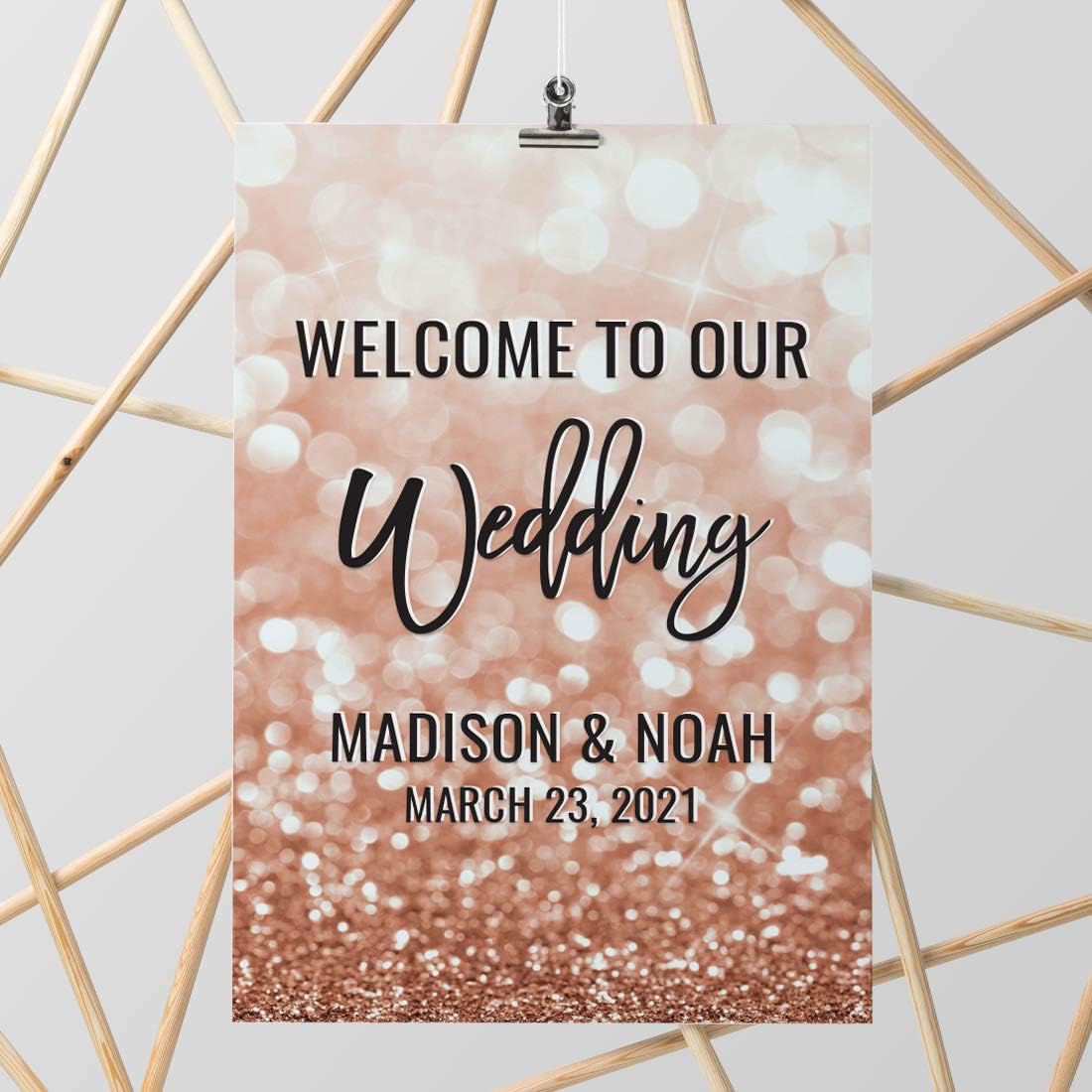 Andaz Press Personalized Extra Large Wedding Easel Board Party Sign, 12x18-inch, Glitzy Faux Rose