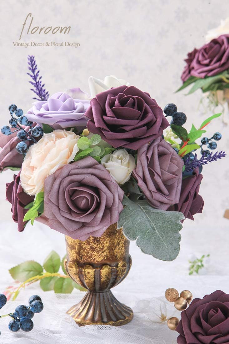 Floroom Artificial Flowers 25pcs Real Looking Plum Foam Fake Roses with Stems for DIY Wedding