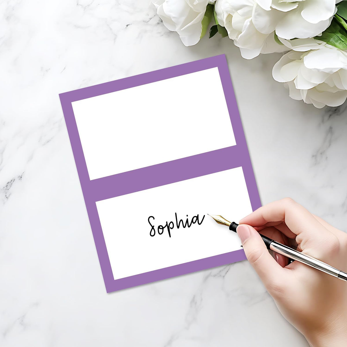 25 Pack Purple Border Place Cards, Editable Name Cards for Table Setting, Tent Cards Food Label for