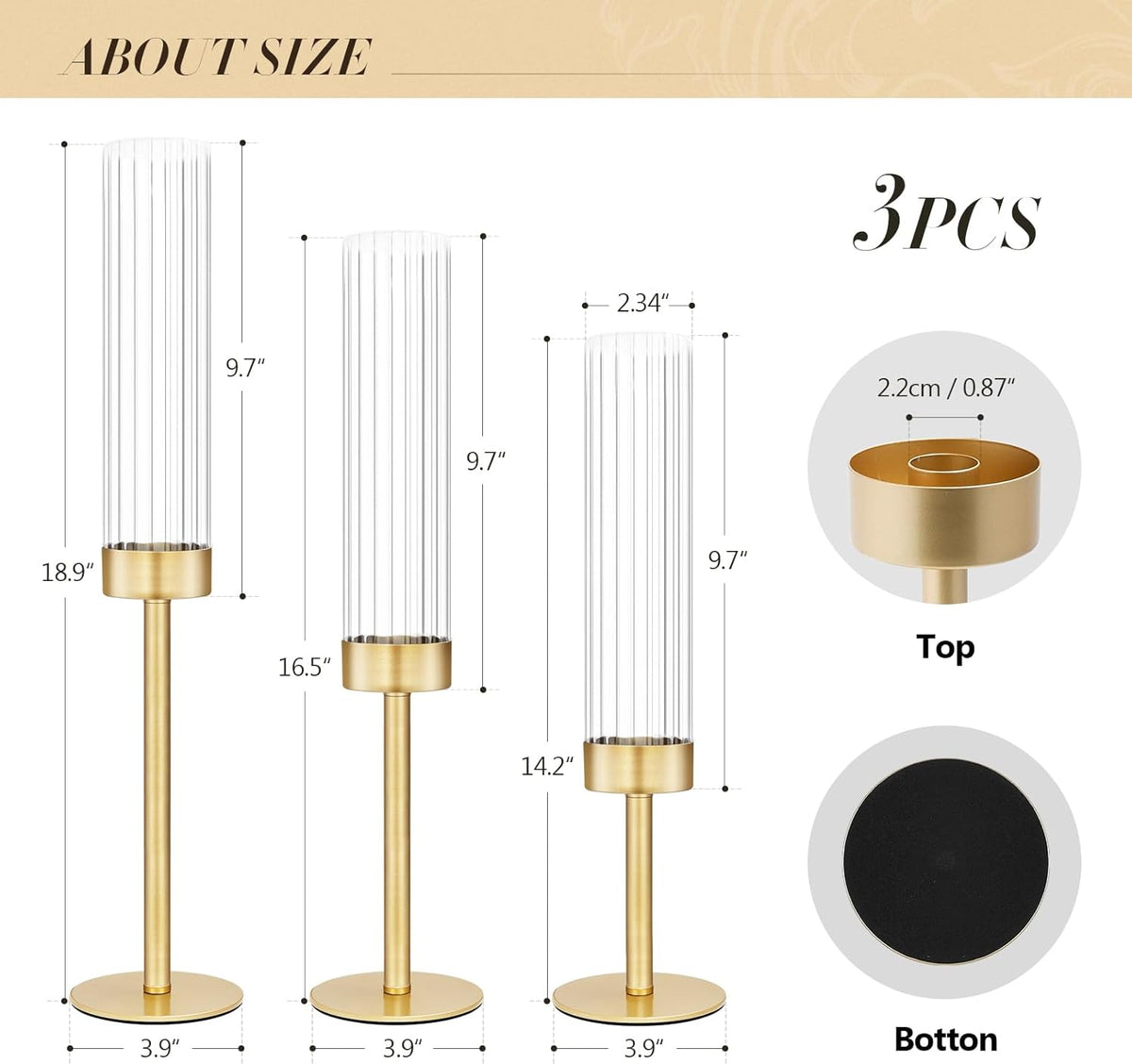 Glass Hurricane Candlestick Holders Gold, KSWING Set of 3 Taper Candle Holders Brass Tall Clear