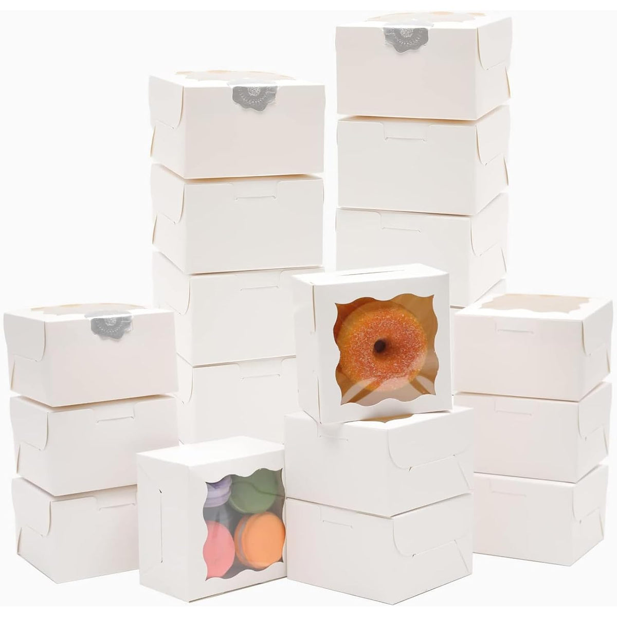 Bakepacker White Bakery Boxes with Window - 4x4x2.5 inches Small Size Pastry & Mini Cookie Boxes