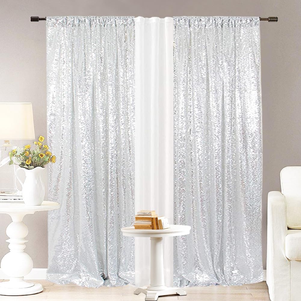 Eternal Beauty Sequin Backdrop Curtains, 2x8 Ft-2 Panels Silver Back Drop for Shimmer Photography