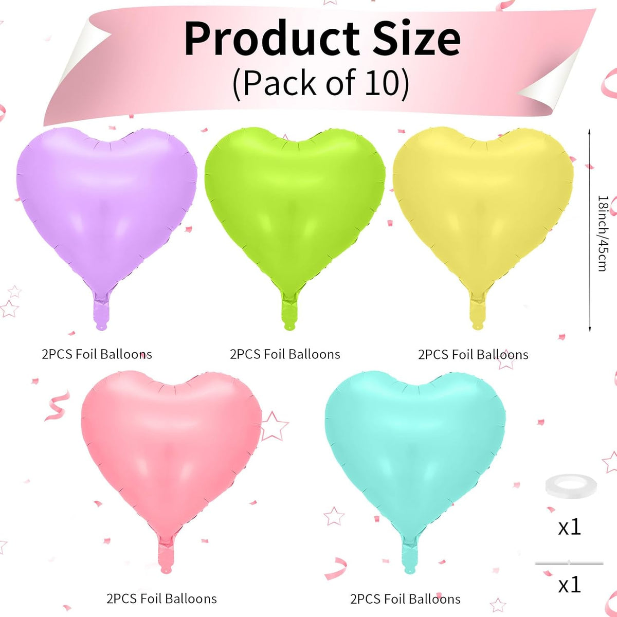 Biapian Pastel Heart Balloons, 10 Pcs Macaron Heart Shape - 18inch Pastel Pink Purple Green Teal