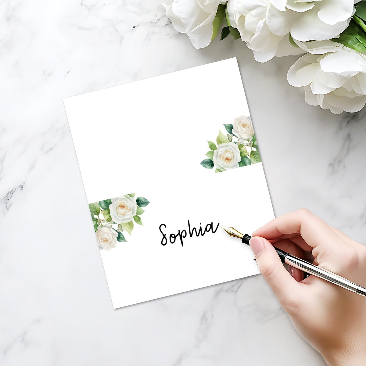 25 Pack White Flower Place Cards, Editable Name Cards for Table Setting, Tent Cards Food Label for