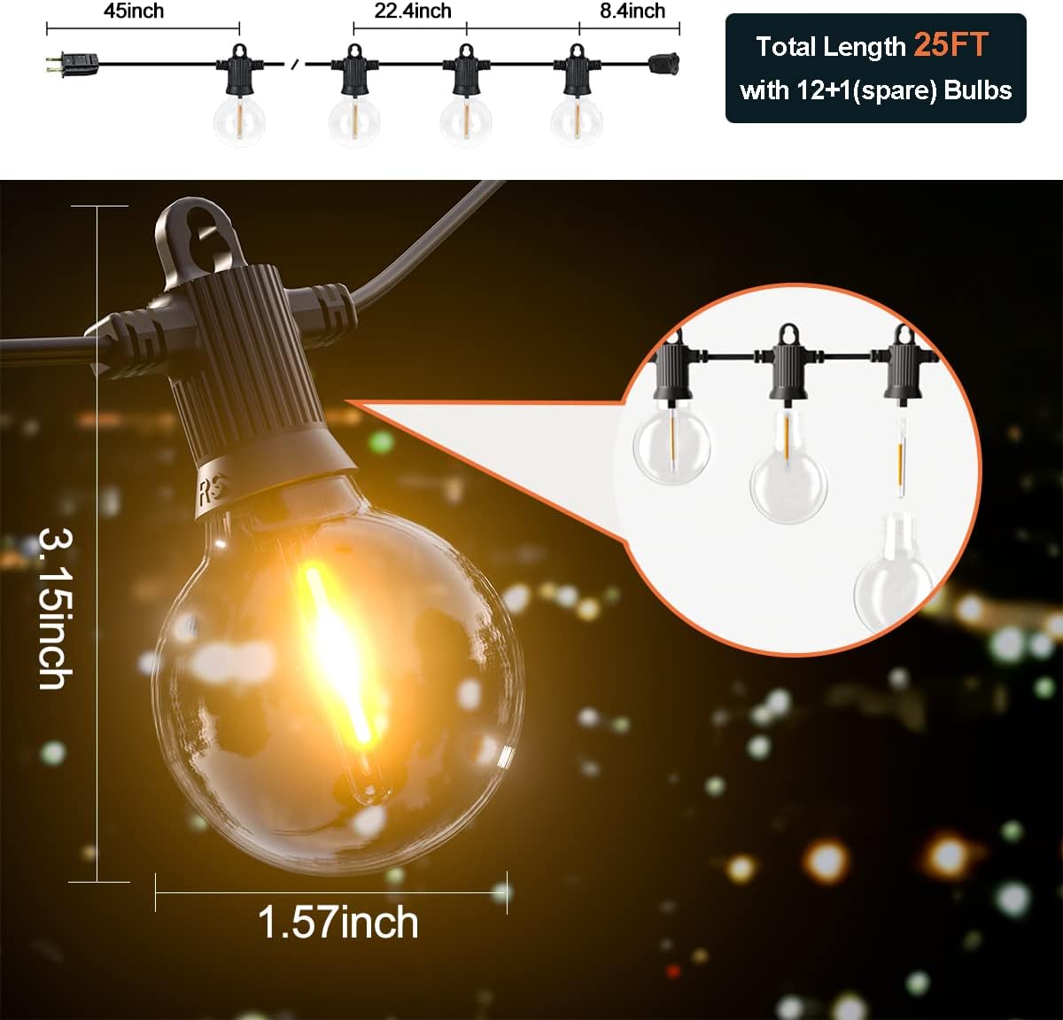 Kawaya Outdoor String Lights 25 FT LED Patio Light with 12+1 Shatterproof Edison Globe Bulbs - IP65
