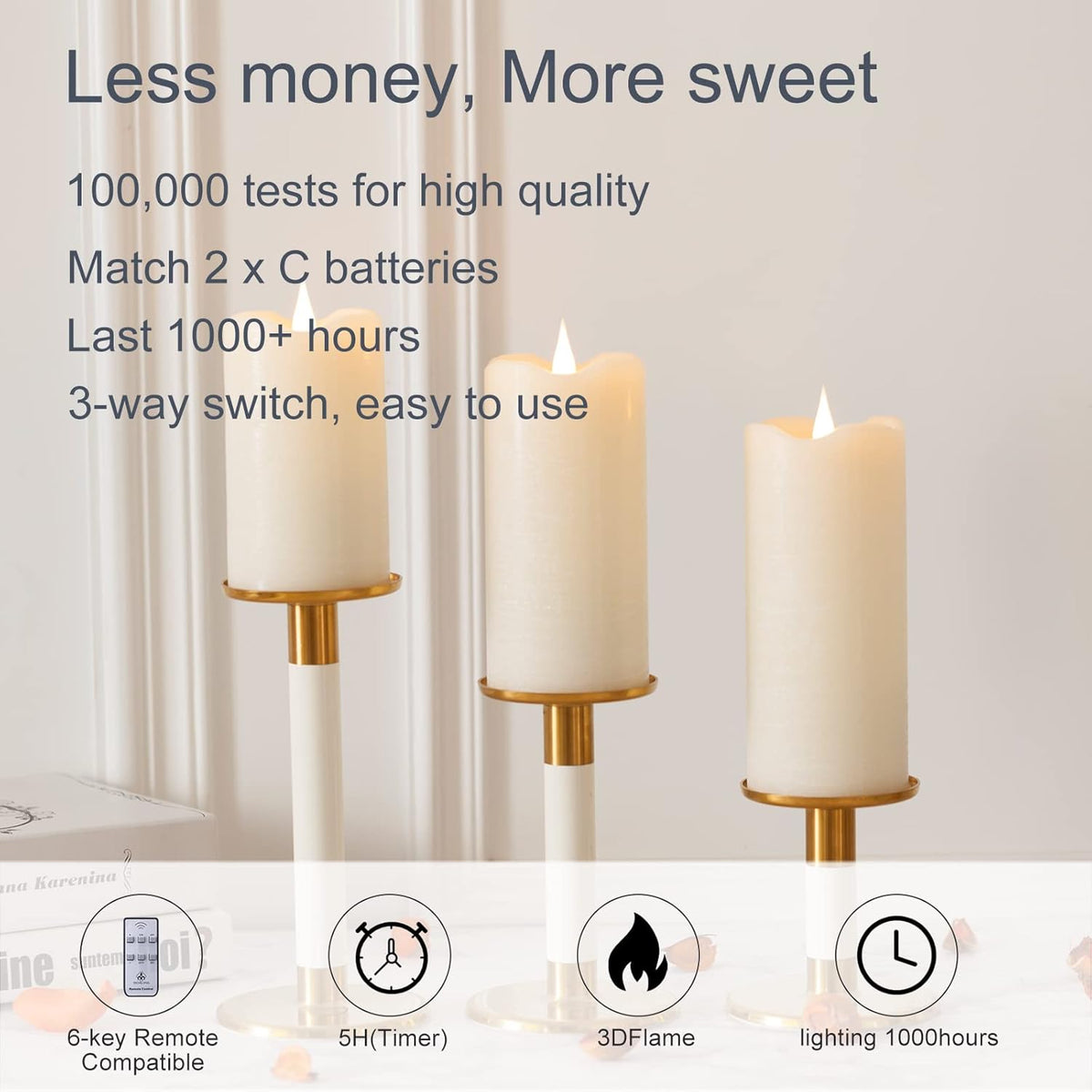Flickering Flameless Candles with 3D Moving Flame Set of 3(H 5" 6" 7" x D 3"), Last 1000+ Hours