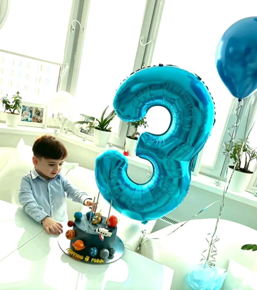 40 Inch Blue 3 Large Number Balloon, 3 13 23 30 33 36 Blue Birthday Party Decorations, Number Three
